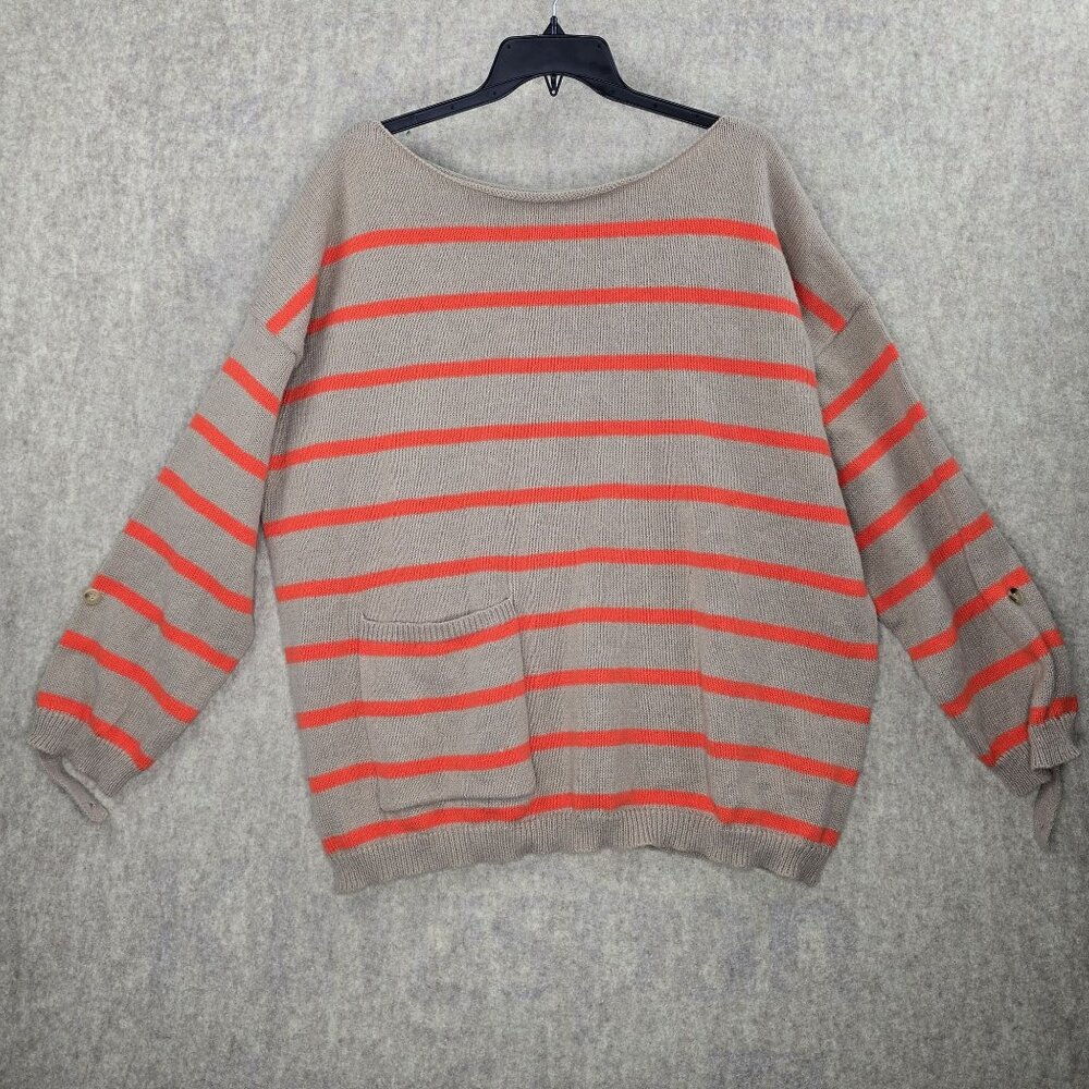 Oversized Womens Knit Sweater Beige & Coral Stripes Cotton Blend Casual Drop 5XL